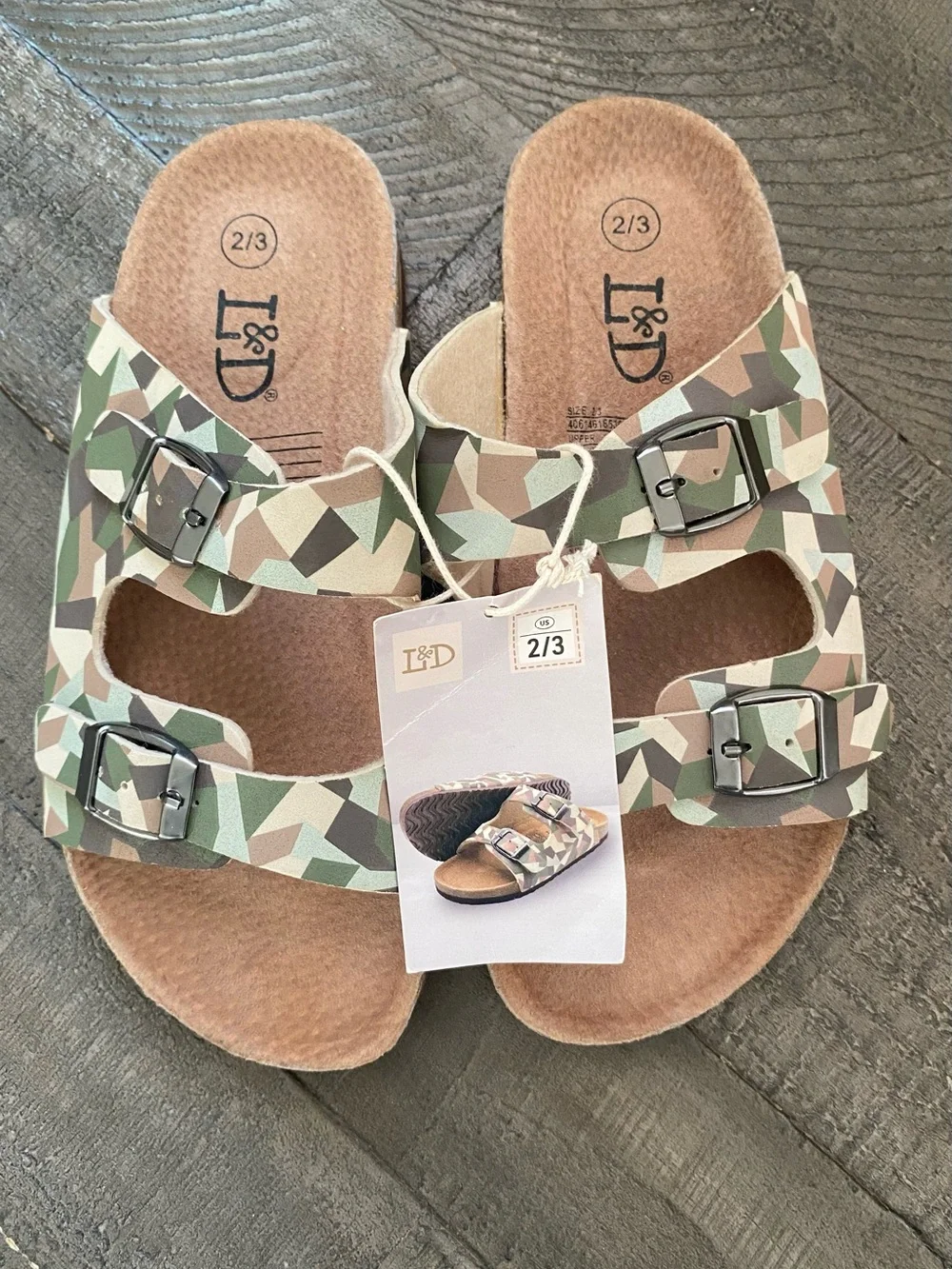 New Lily & Dan Camouflage Footbed Sandals Kids Size 2/3 Adjustable Straps Shoes
